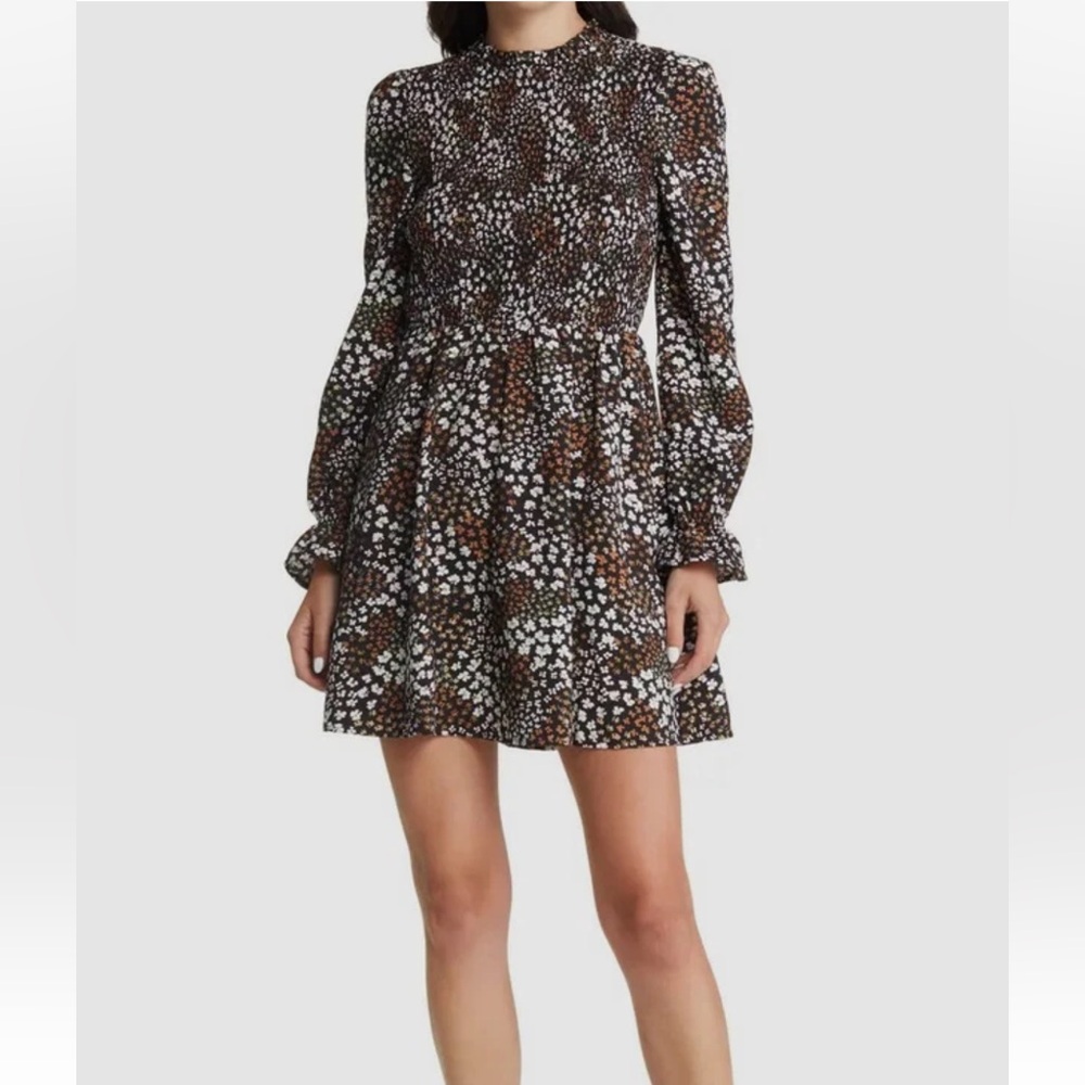Vero Moda Women's Black Floral Smocked Jewel Neck Mini Dress Size S Long Sleeve